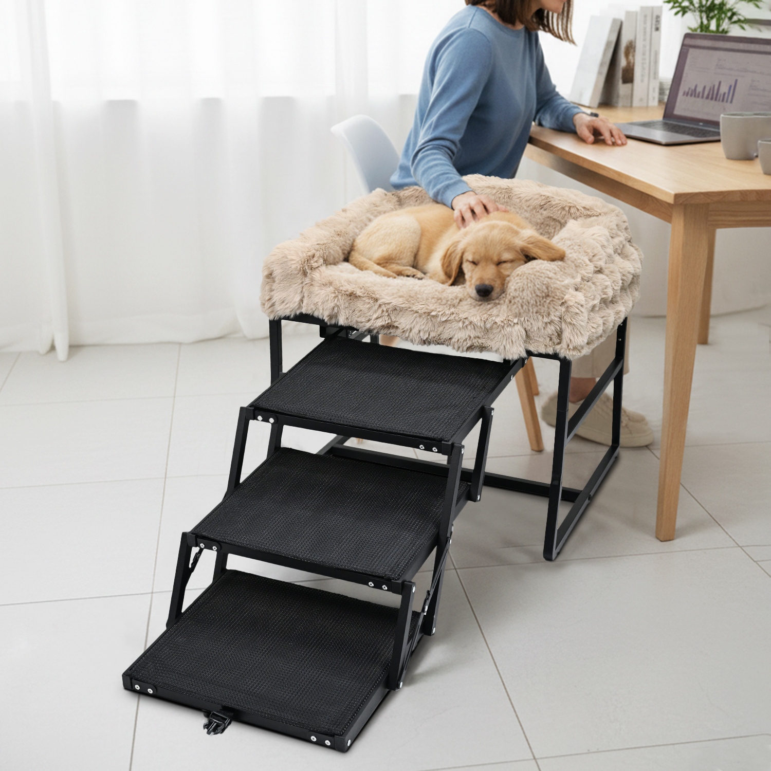 raised dog bed with stairs