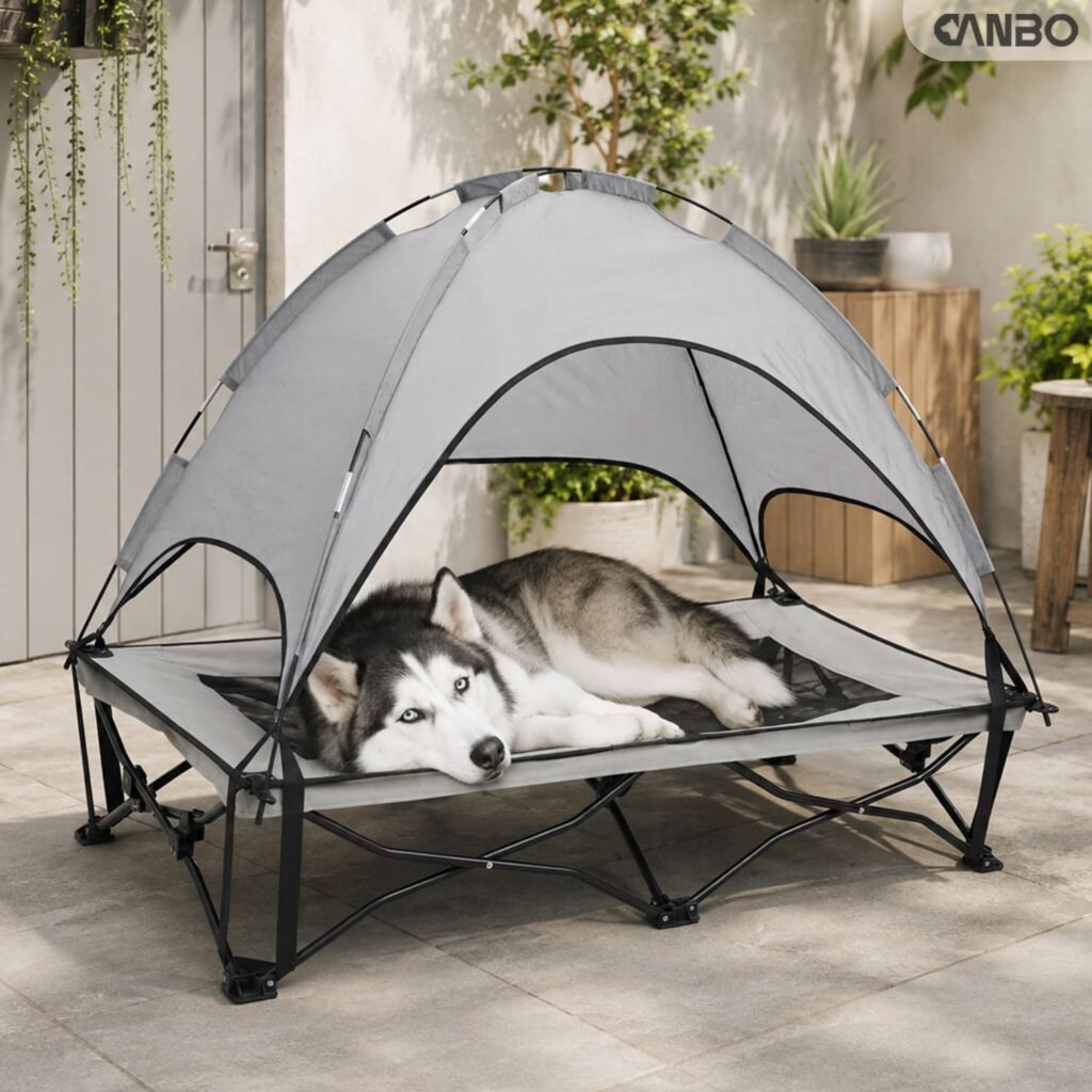 Hundebett für draußen mit Sonnenschutz